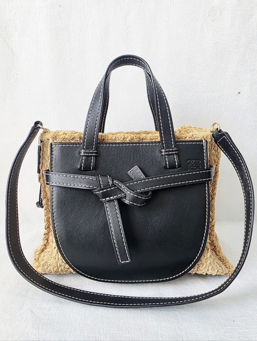 Auth Loewe Gate Raffia Leather Bag